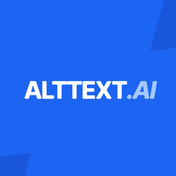 ALTTEXT.AI in white letters on a bright blue background with dark blue corners, showing WordPress ALT Tag powered by AI.