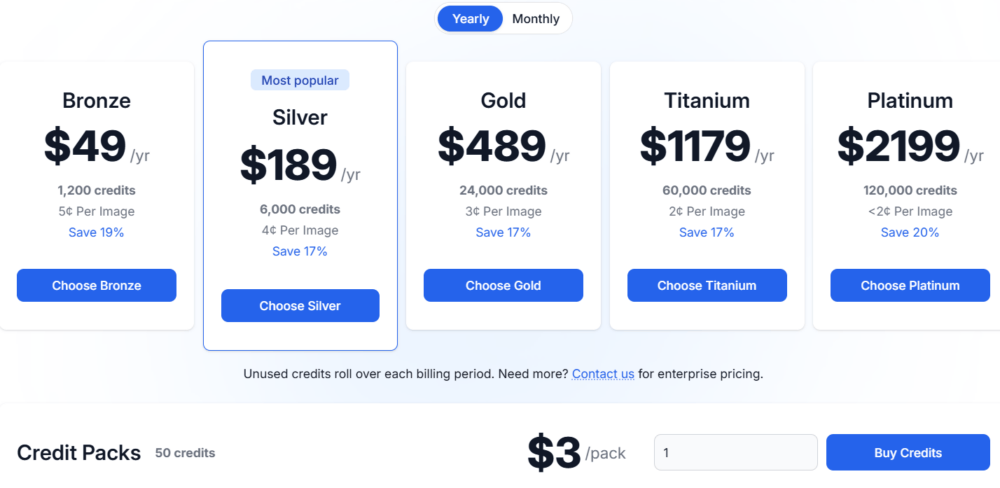 Five yearly plans—Bronze, Silver (top pick), Gold, Titanium, Platinum—shown in ALTTEXT.ai’s WordPress pricing table.