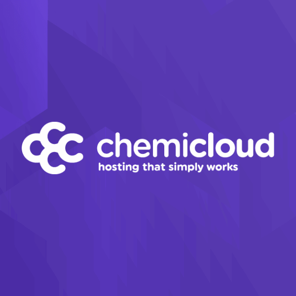 Chemicloud WordPress logo with the tagline “hosting that simply works” on a purple geometric background for reliable website hosting.