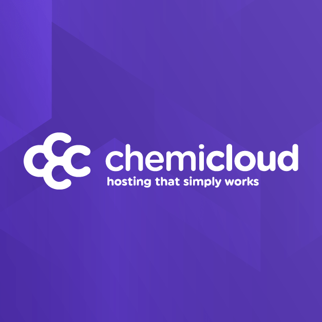 Chemicloud WordPress logo with the tagline “hosting that simply works” on a purple geometric background for reliable website hosting.