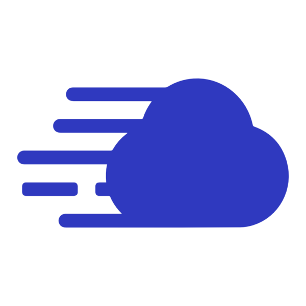 Blue cloudways icon with lines pointing left to show speed, on a black background.