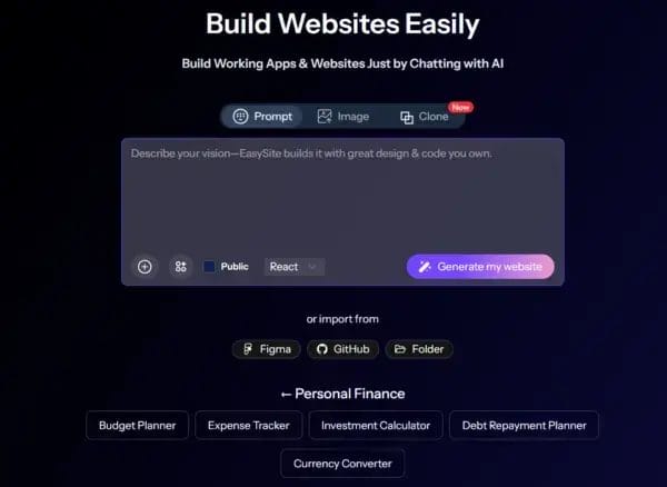 EasySite AI lets you quickly build websites with an easy interface, instant input, import tools, and finance templates. Simple and fast site creation.