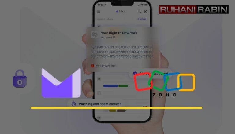 A hand is holding a phone that shows an email app with a message about a flight. Icons warn about security and spam, showing which emails are safer. The logos for Ruhani Rabin and Zoho appear in the background as other options besides Gmail.