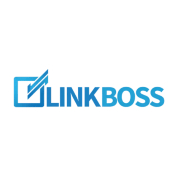 Blue LINKBOSS logo with a checkmark in a box, symbolizing semantic SEO, left of the text on transparent background.