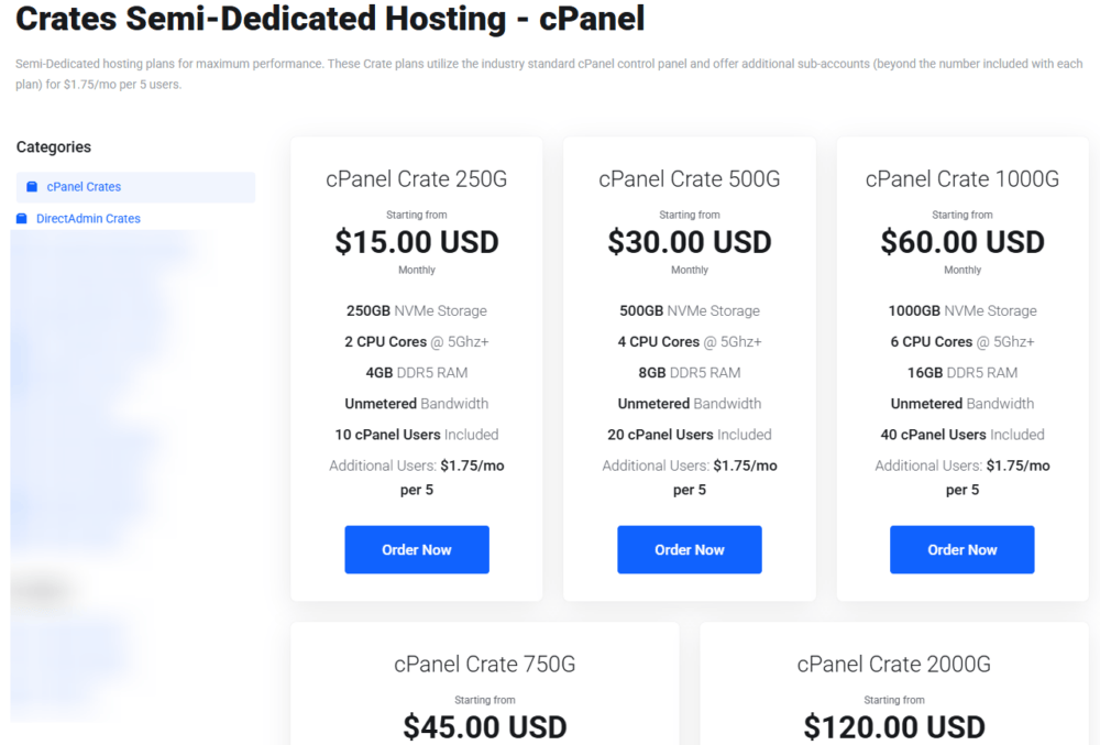 Screenshot comparing NameCrane Semi-Dedicated hosting plans with cPanel and NVMe storage from 250GB to 2000GB.