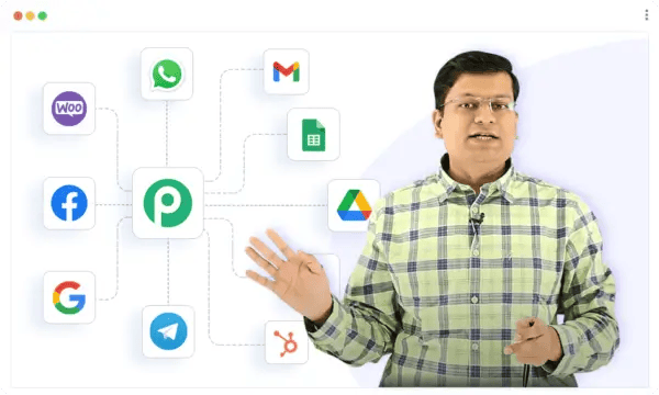 A person wearing a checked shirt shows how different apps like WhatsApp, Gmail, Facebook, Google Drive, Google Sheets, and more are linked together with lines.
