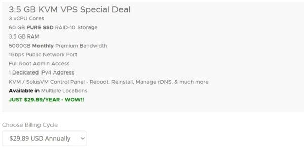 Get RackNerd VPS: 3 vCPU, 3.5GB RAM, 60GB SSD, 5000GB bandwidth for $29.89/year. Flexible payment options available.