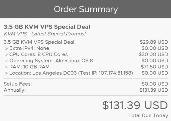 See the yearly RackNerd VPS order summary for 3.5 GB with full specs and costs, totaling $131.39 USD.