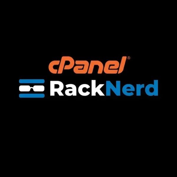CPanel and RackNerd logos on black, with bold blue, white, and orange text: RackNerd cPanel Hosting plus a stylized icon.