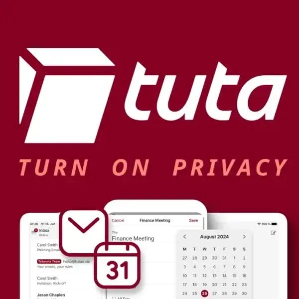 The Tuta logo and the words “Turn on Privacy” appear above pictures of an email inbox, a calendar for August 2024, and a calendar icon with the number 31.