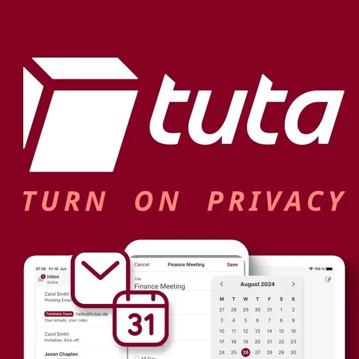 The Tuta logo and the words “Turn on Privacy” appear above pictures of an email inbox, a calendar for August 2024, and a calendar icon with the number 31.