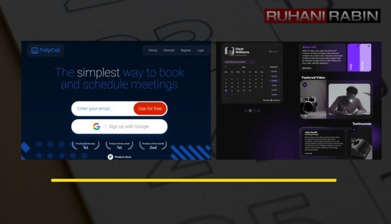 Screenshot shows TidyCal scheduling tool and a dark-themed user profile or portfolio layout.
