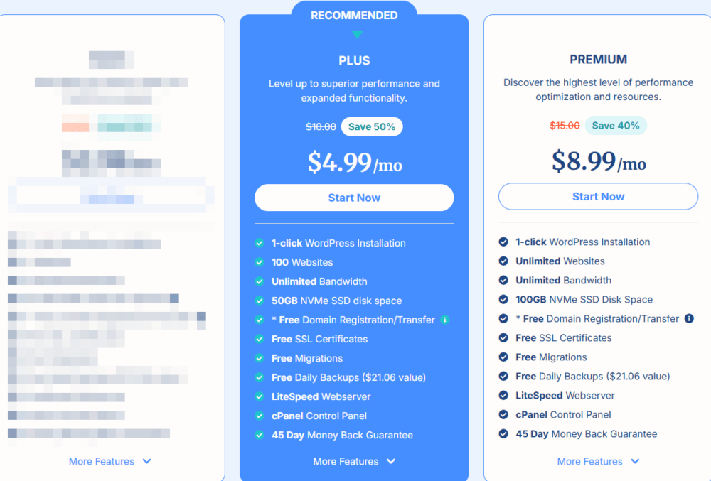 Side-by-side comparison of Verpex WordPress plans, showing features and monthly costs for Basic, Plus, and Premium options.