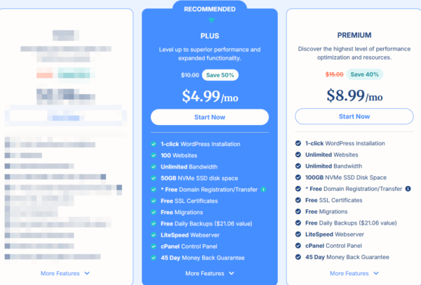 Side-by-side comparison of Verpex WordPress plans, showing features and monthly costs for Basic, Plus, and Premium options.