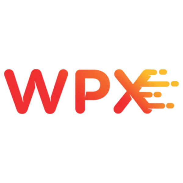 WPX WordPress Hosting logo with bold red-orange WPX letters; the X has three speed lines on its right side.