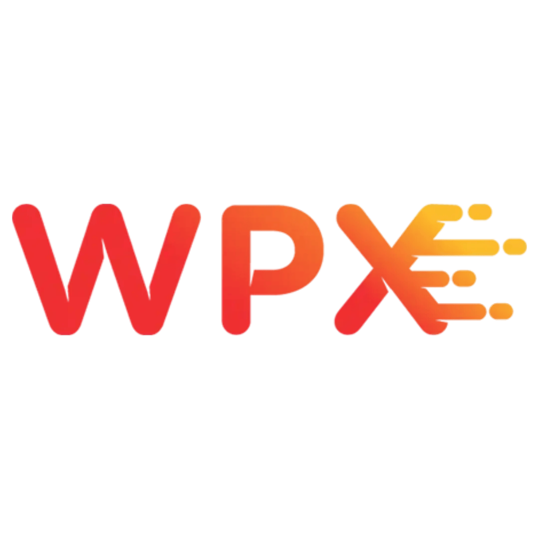 WPX WordPress Hosting logo with bold red-orange WPX letters; the X has three speed lines on its right side.