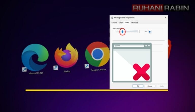 Screenshot displays browser icons and Microphone Properties window for fixing mic volume changes by disabling WebRTC AGC. Simple guide.