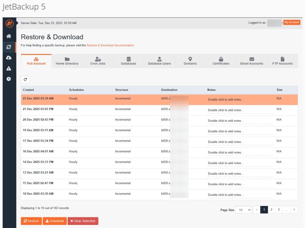 JetBackup 5 interface showing backup restore and download options.