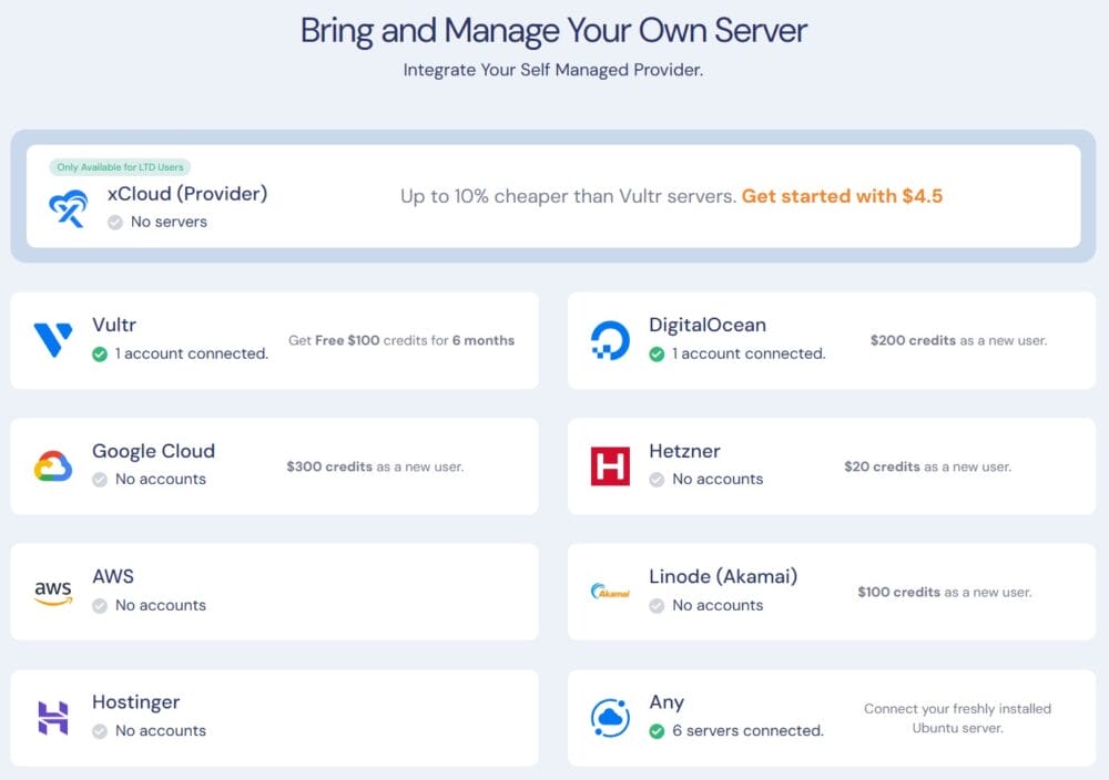 Cloud server providers: xCloud, Vultr, DigitalOcean, Google Cloud, Hetzner, AWS, Linode, Hostinger, and Any.