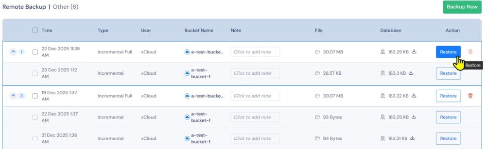 WordPress backup options: Restore button highlighted for incremental full backup to a-test-bucket.