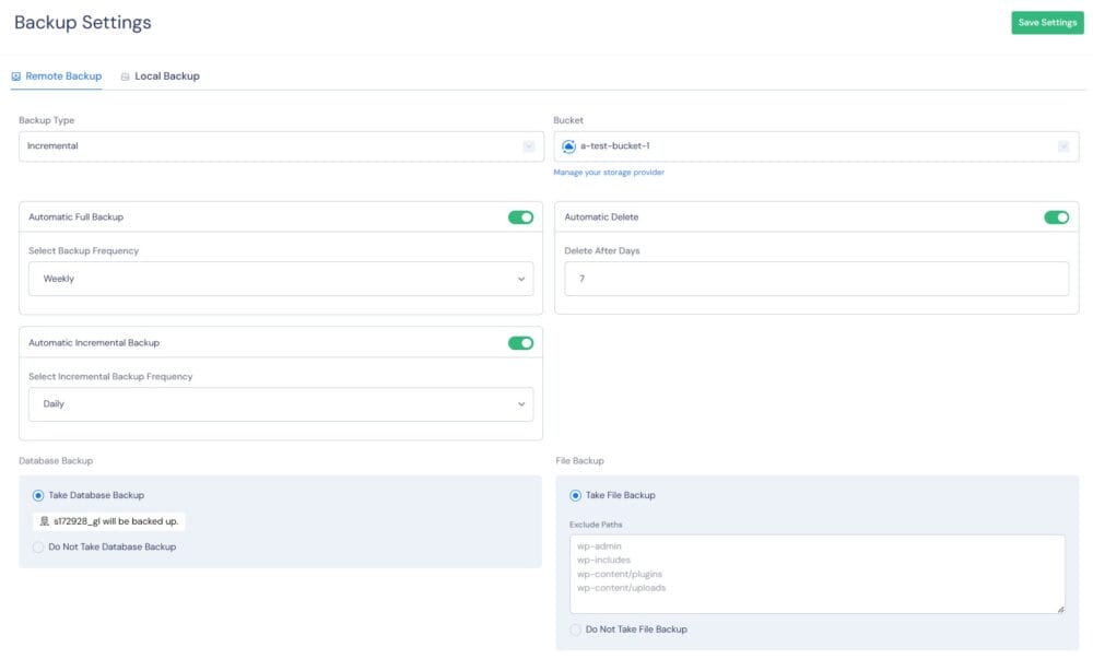 WordPress backup settings showing remote backup options, including incremental backups, database backups, and file exclusions.