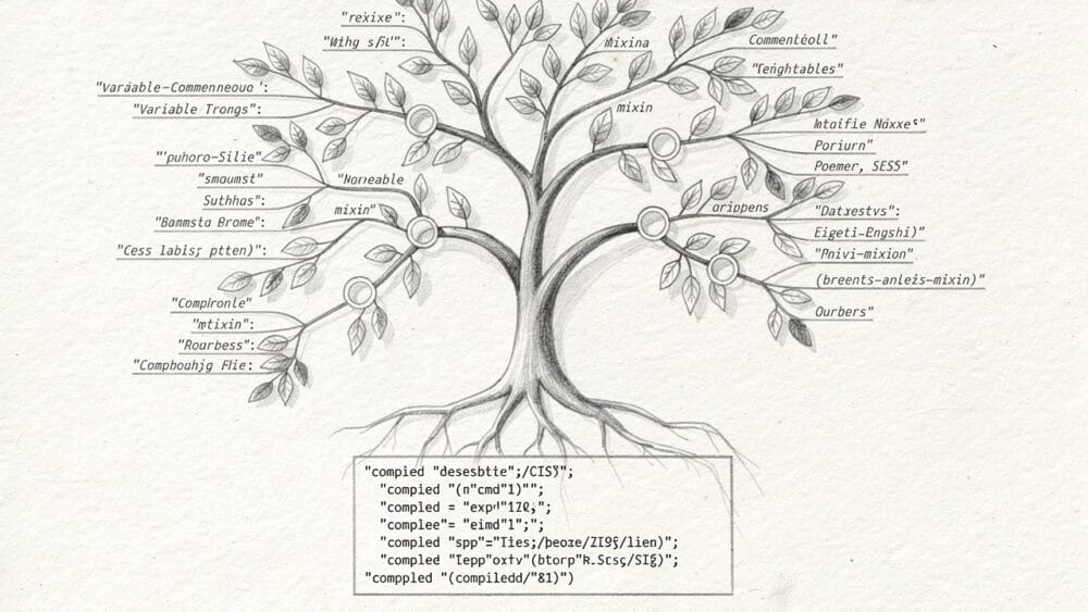 CSS Development Tree: A tree diagram showing various CSS tools and related terms. Text includes "Mixin" and "Normeable".