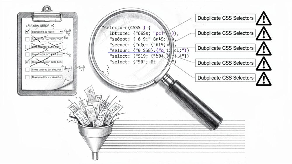 CSS development tools concept: Magnifying glass over code, checklist, and funnel with code snippets, highlighting duplicate selectors.