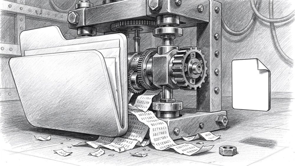 Mechanical press crushing a folder with documents. Data processing concept.