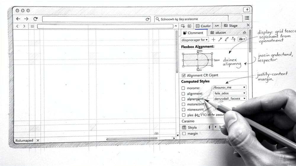 CSS development tool interface showing flexbox alignment, computed styles, and margin settings.