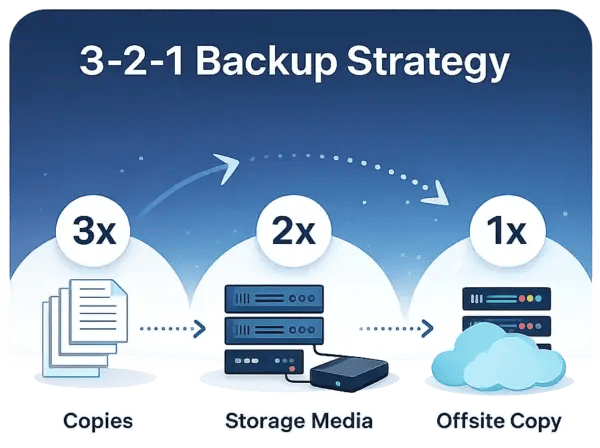 3-2-1 Backup Strategy diagram: 3 copies of data, 2 storage media types, 1 offsite copy.