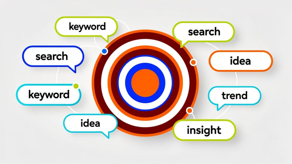 ASO keywords: search, keyword, idea, trend, insight. App Store Optimization concept. Keyword research and targeting strategy visualization