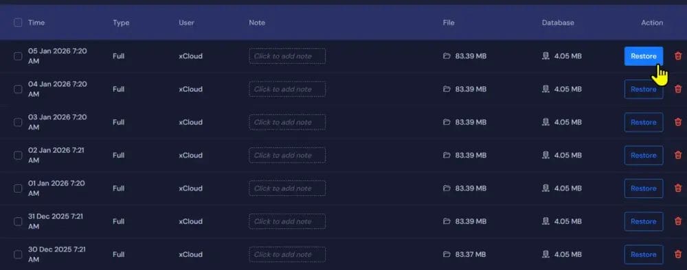 WordPress backup table showing options to restore files and databases from xCloud user backups.