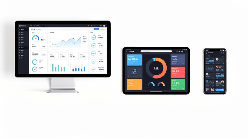 Dashboard interface on desktop, tablet, and phone. Data visualization showing charts and graphs.