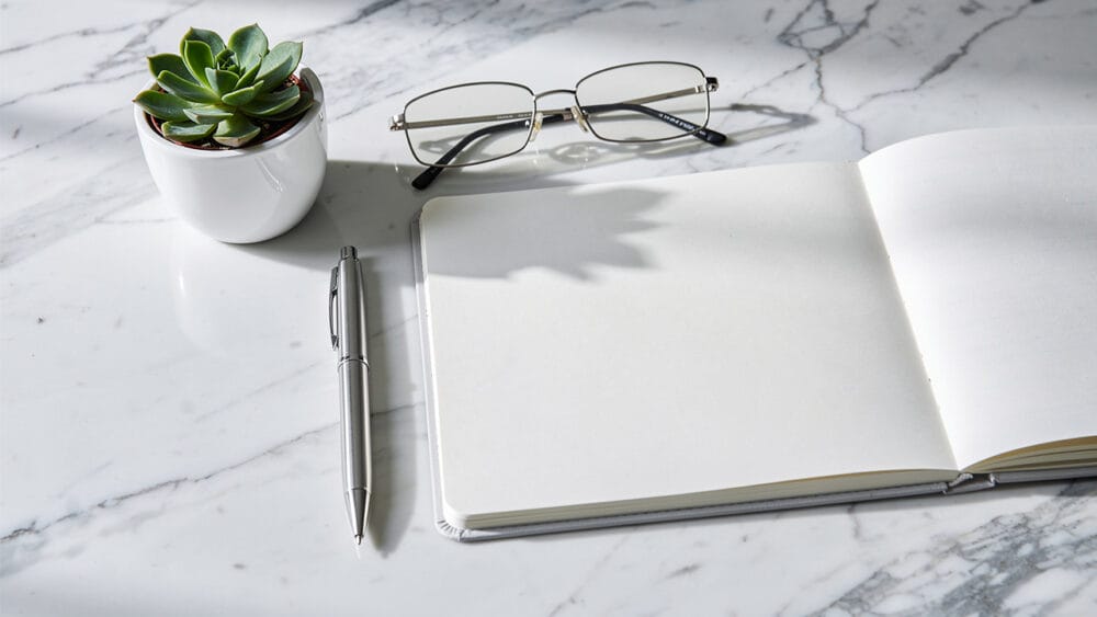 Desk with open notebook, pen, glasses, and succulent. Ready for SEO audit notes.