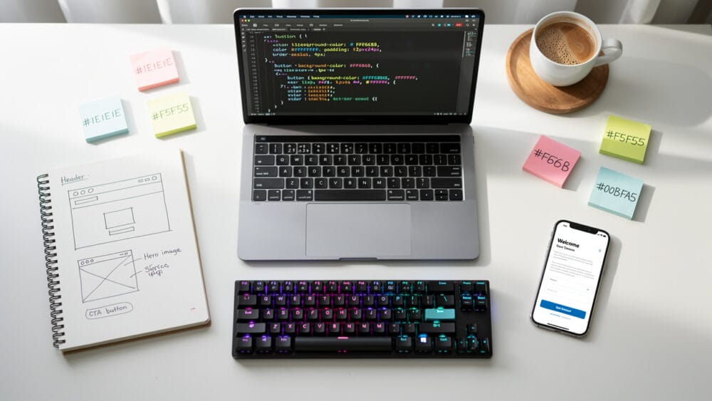 CSS development setup: laptop with code, keyboard, sketchbook, phone, and sticky notes with color codes.