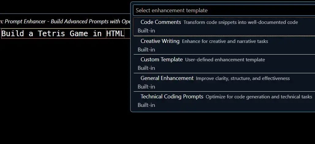 Prompt enhancer interface showing options for building a Tetris game in HTML.