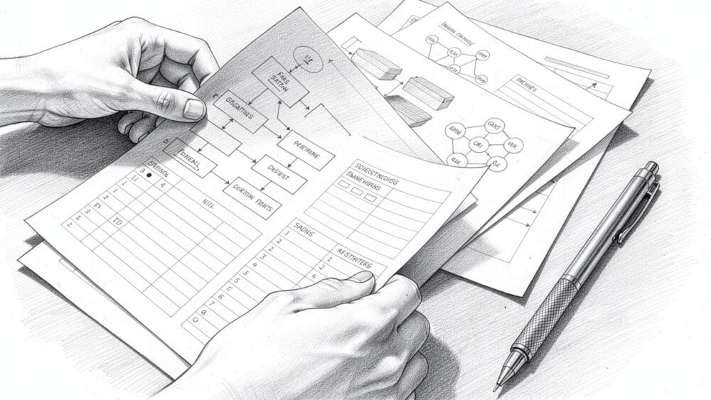 Hands reviewing product strategy diagrams and charts. Pen on desk. Analysis and planning.
