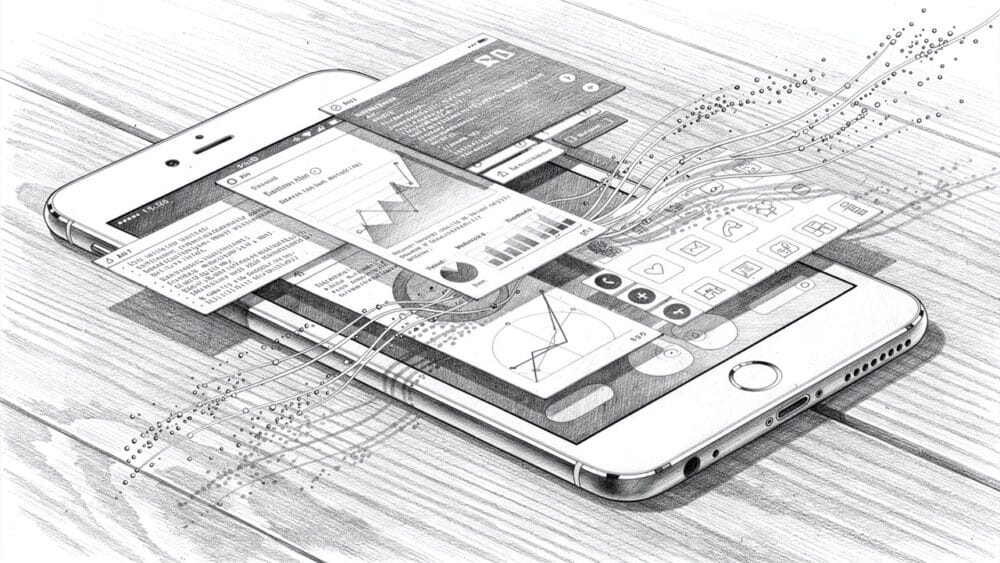 Conceptual phone graphic showing app interfaces and data flow. Useful for articles on mobile technology.