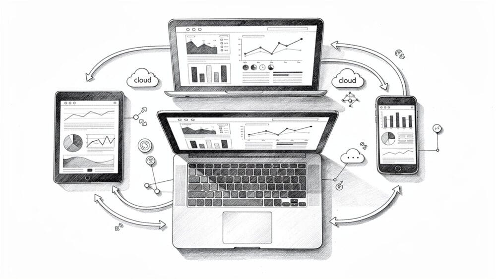 Devices showing charts connected via cloud, data sync illustration.