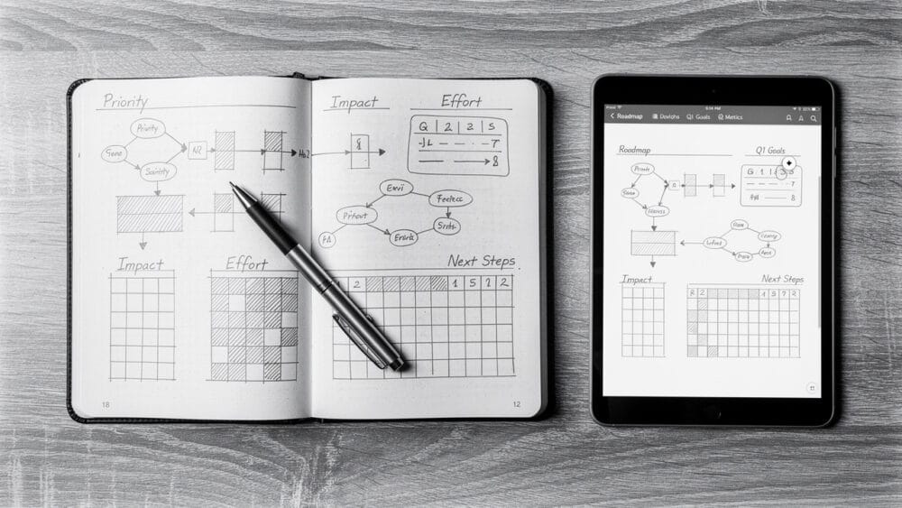 Product strategy planning: Notebook and tablet showing priority, impact, effort, and next steps diagrams.