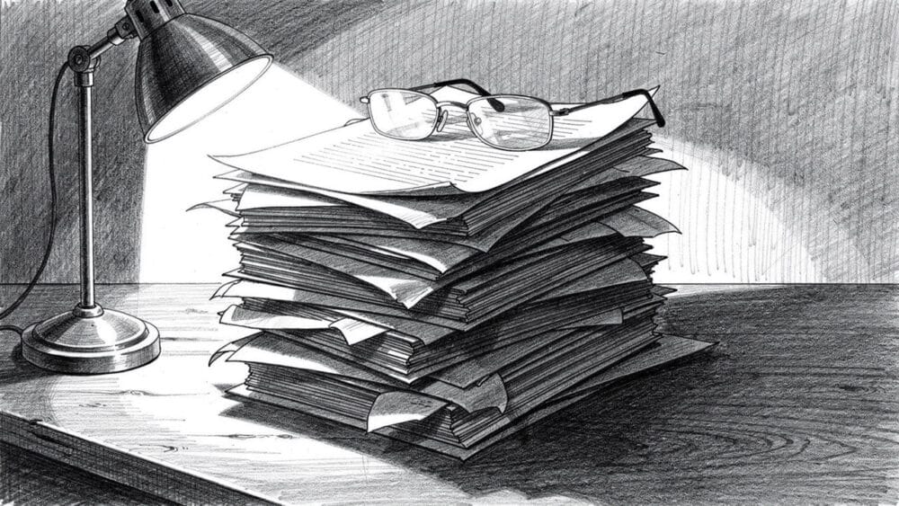 Stack of papers with glasses under a lamp, representing research for comparing AI like ChatGPT.