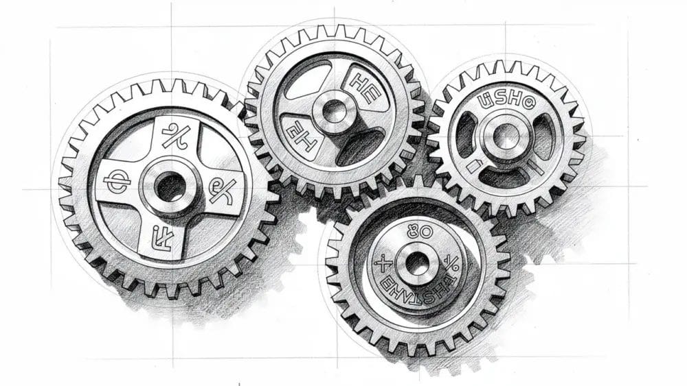 Interlocking gears with symbols, representing SaaS UI performance and how slow interfaces impact conversions.