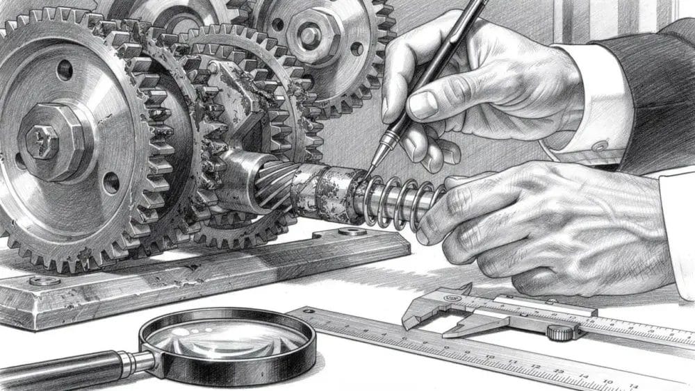 Engineer sketching mechanical gears, spring, and tools. Focus on UX friction points in design.