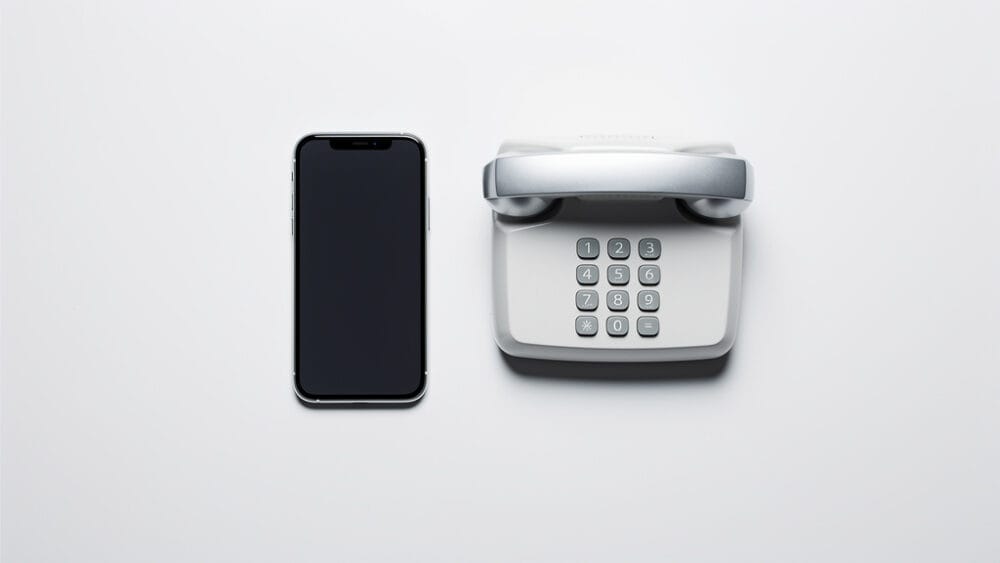 Smartphone next to a retro push-button phone. Technology comparison.