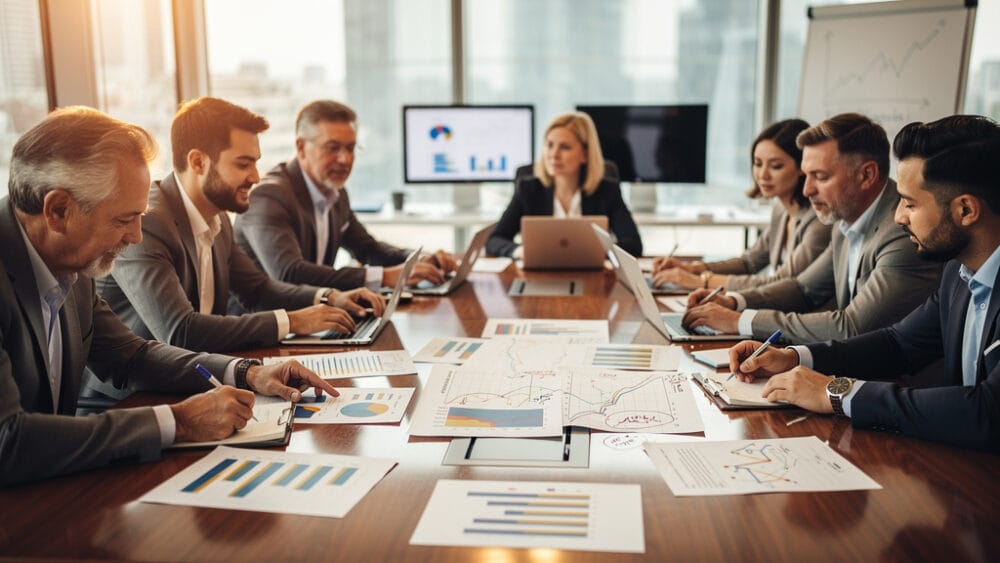 Business meeting with executives reviewing charts and graphs on chatbot performance.