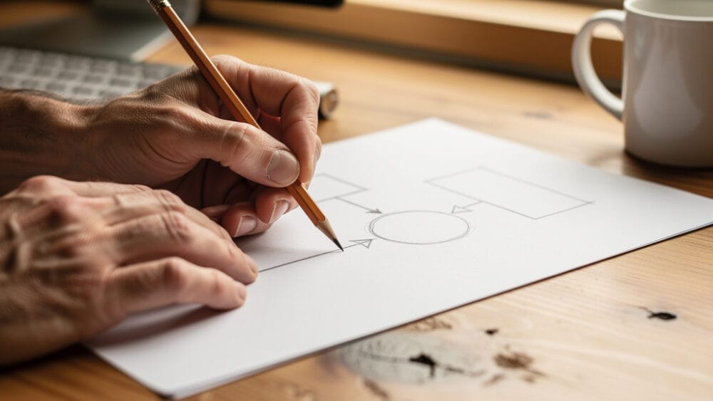 Hand drawing a flowchart diagram with pencil on paper.