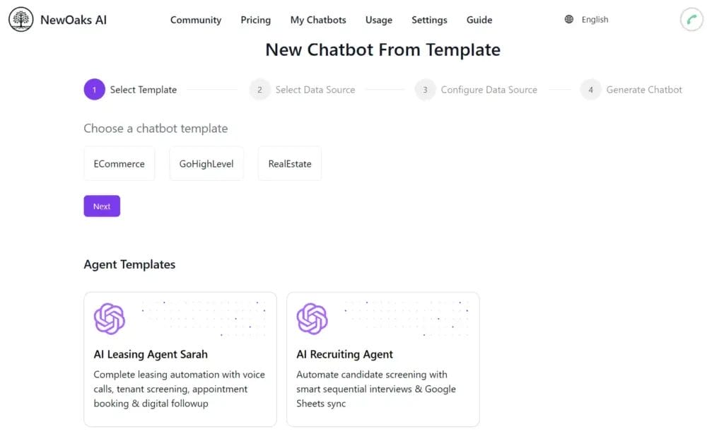 NewOaks AI platform for building AI chatbots from templates: eCommerce, GoHighLevel, RealEstate, AI Leasing Agent, AI Recruiting Agent.