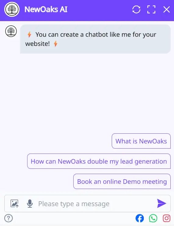 NewOaks AI chatbot interface with suggested questions like "What is NewOaks?