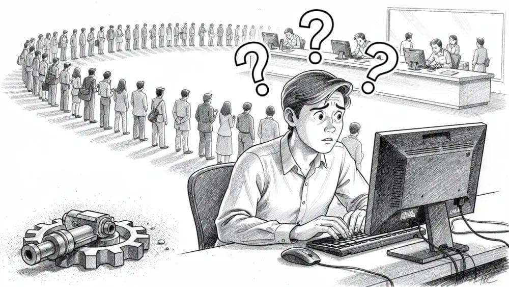 Frustrated user facing SaaS UX friction, long queue, and complex system. Question marks highlight confusion.