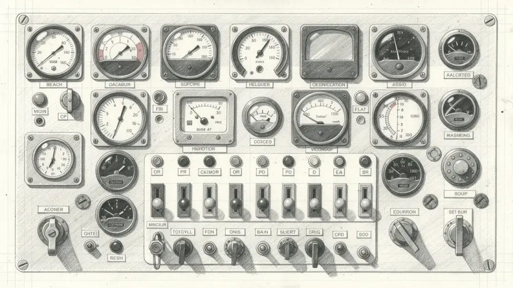 Complex control panel with gauges, switches, and dials. Intricate, technical illustration.